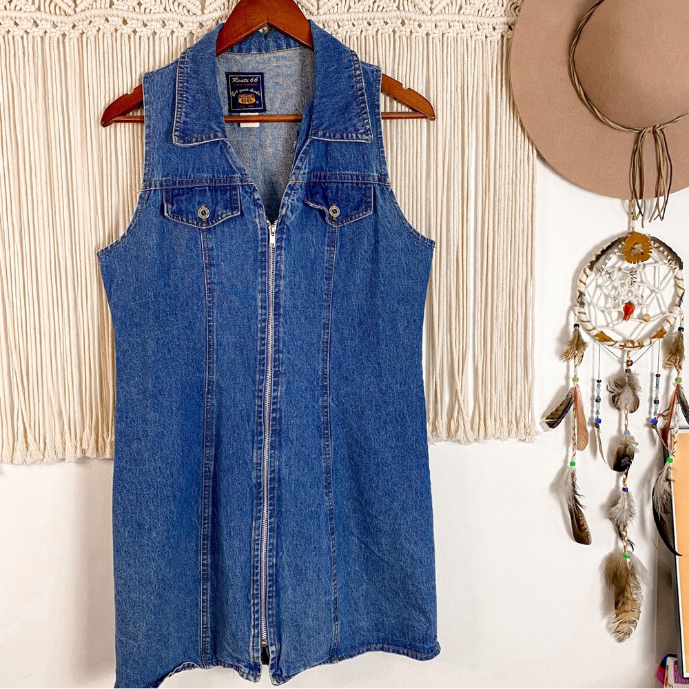 Y2K Route 66 Sleeveless Denim Collared 100% Cotton Zip Up Dress Size 8 Medium